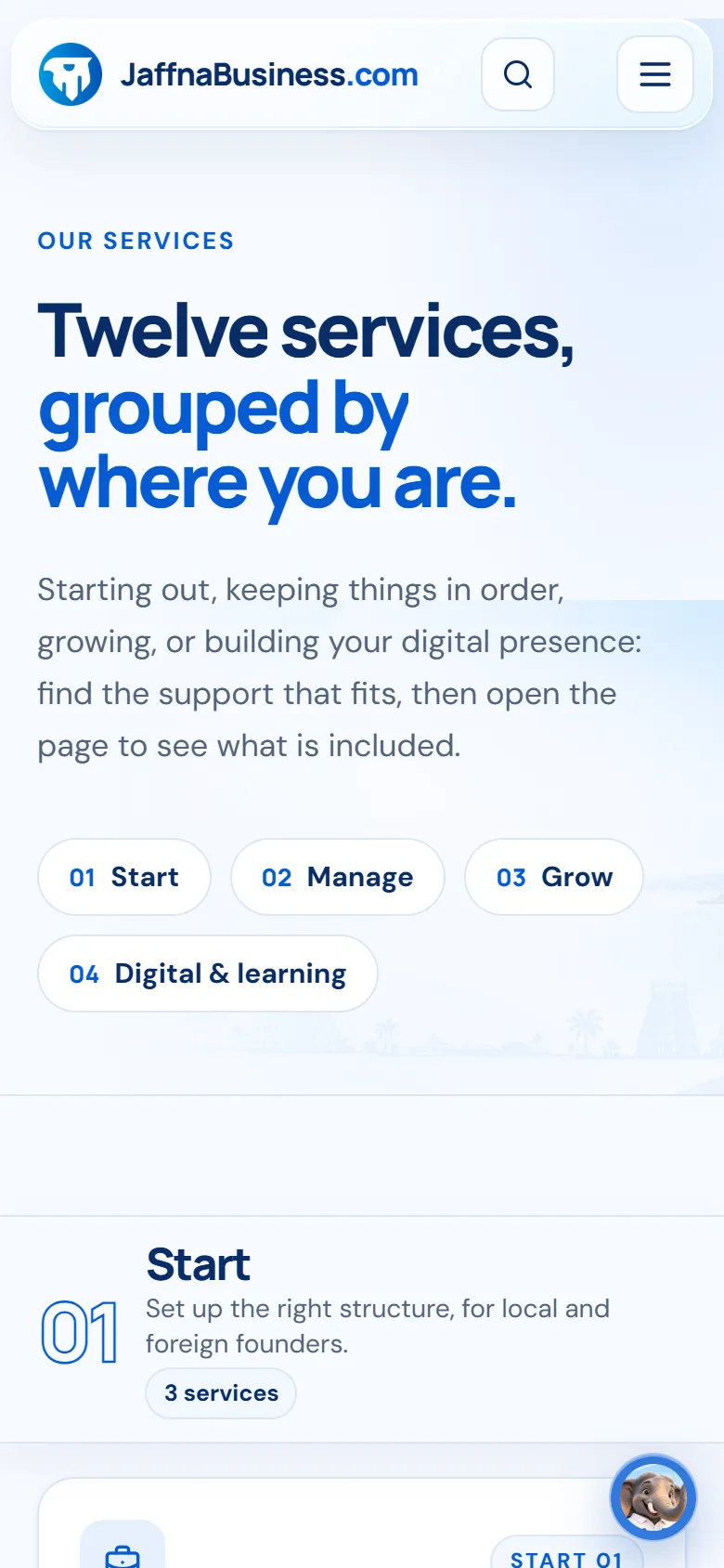 JaffnaBusiness.com services page on a phone: 'Twelve services, grouped by where you are' with chips for Start, Manage, Grow and Digital & learning.
