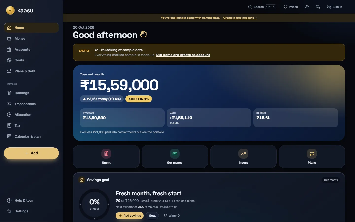 Kaasu home screen on desktop in demo mode: sidebar navigation, a net-worth card showing sample data with XIRR, and quick actions for spending, income, investing and plans.