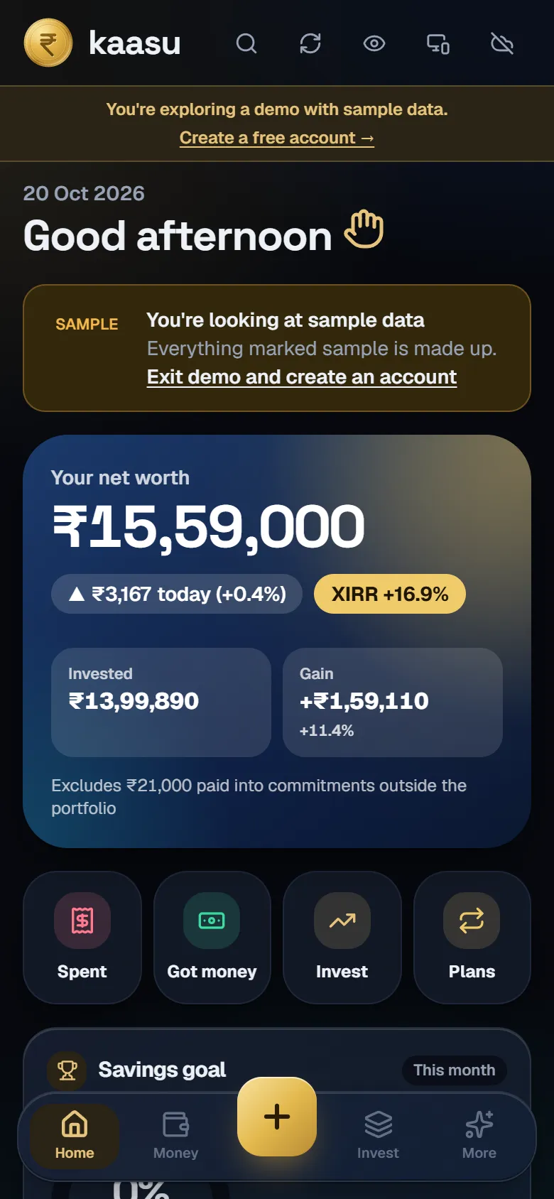 Kaasu home screen on a phone in demo mode: net-worth card with sample data, invested amount and gain, and quick actions for spending, income, investing and plans.